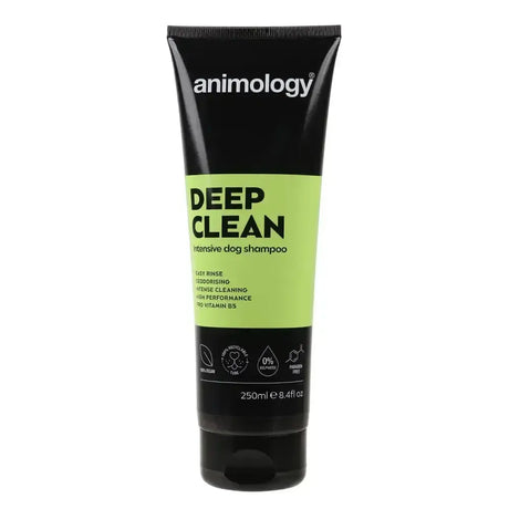 Black tube of animology deep clean shampoo with lime green label designed to remove stubborn dirt from dogs