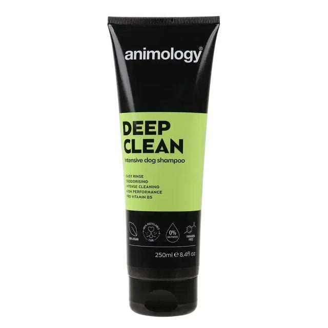 Black tube of animology deep clean shampoo with lime green label designed to remove stubborn dirt from dogs