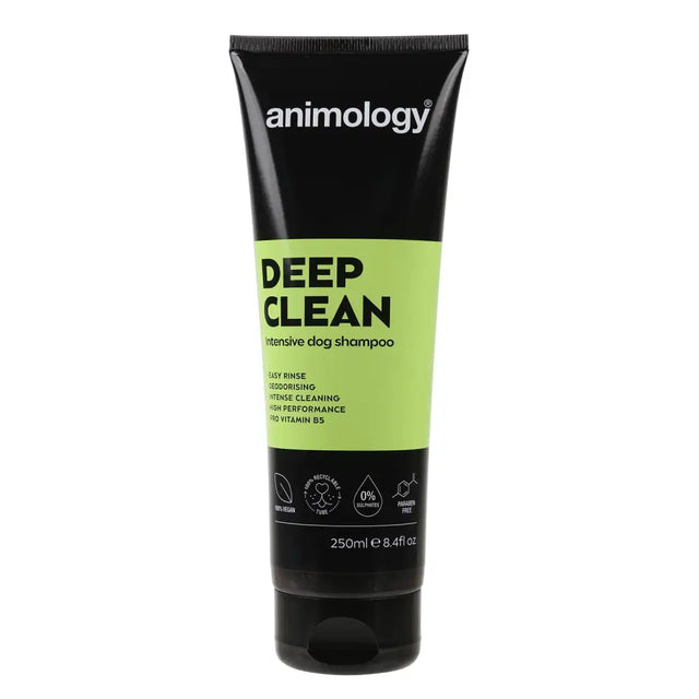 Animology Deep Clean dog shampoo tube in black and green packaging for deep cleaning