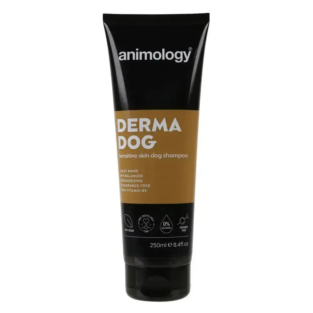 Black tube of animology derma dog fragrance-free shampoo for sensitive skin with tan label and white text