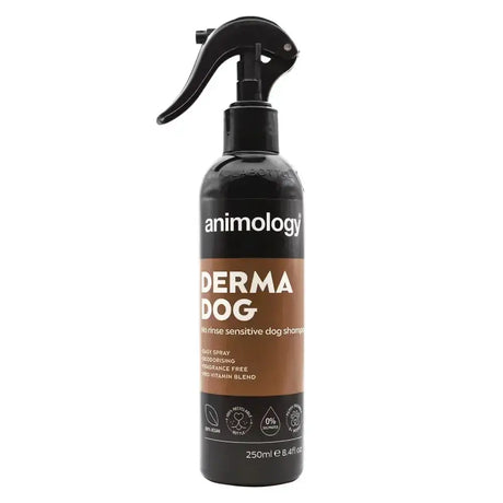 Black animology derma dog spray bottle with brown label and black nozzle rinse dog shampoo for sensitive skin