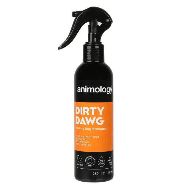 Black spray bottle with orange label animology dirty dawg no rinse shampoo effectively loosens dirt for dogs