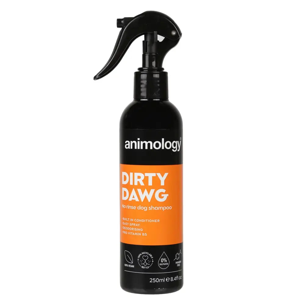 Black spray bottle of Animology Dirty Dawg No Rinse Shampoo for clean dogs