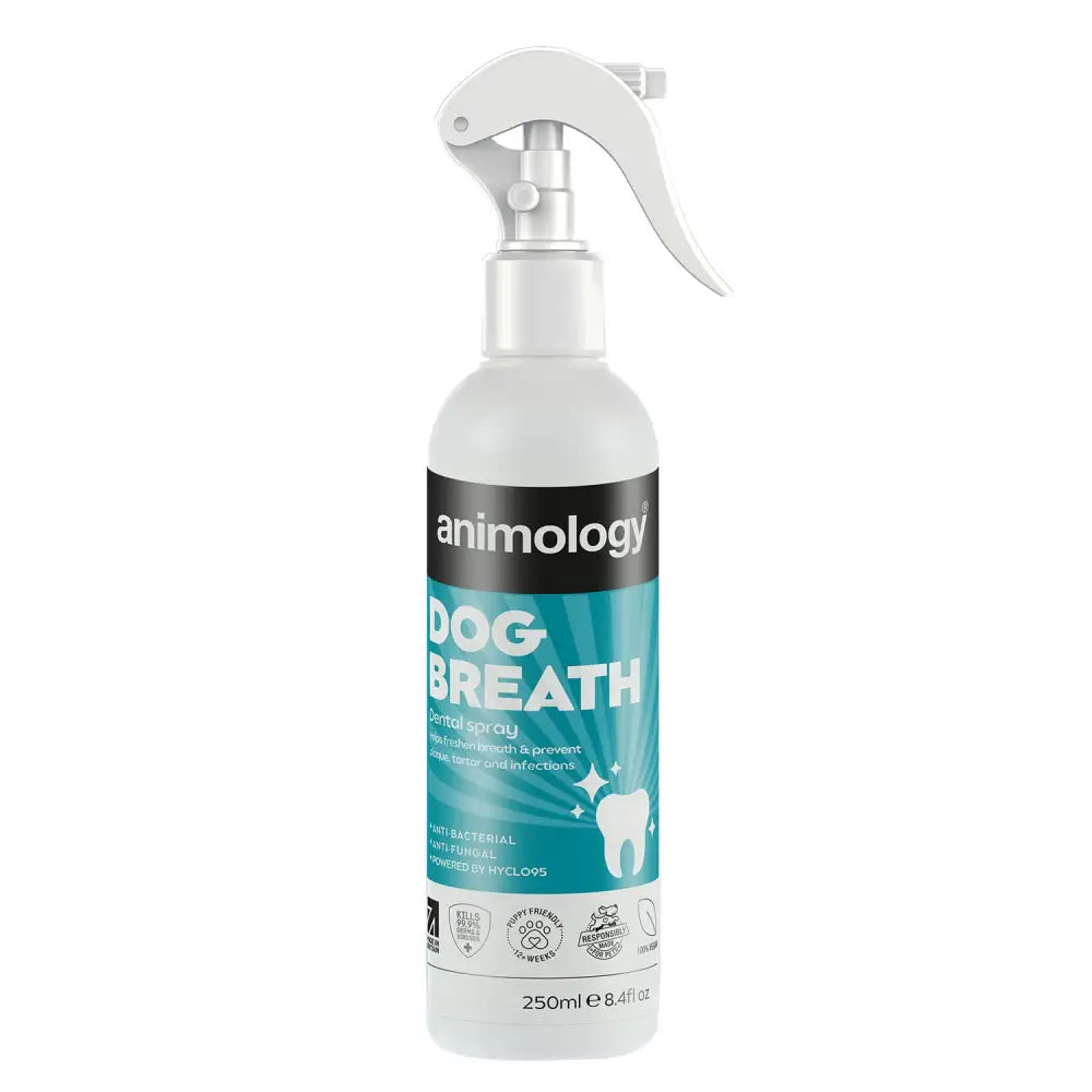 White plastic animology dog breath dental spray bottle with teal and black label for fresh dog breath dental care