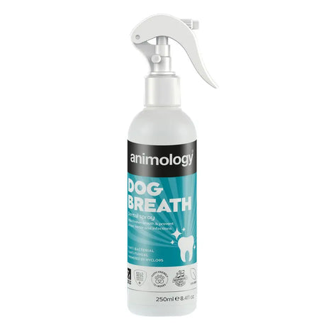 White plastic animology dog breath dental spray bottle with teal and black label for fresh dog breath dental care