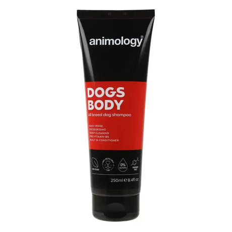 Black tube of animology dogs body all breed dogs body shampoo with bold red label white text for deep cleaning action