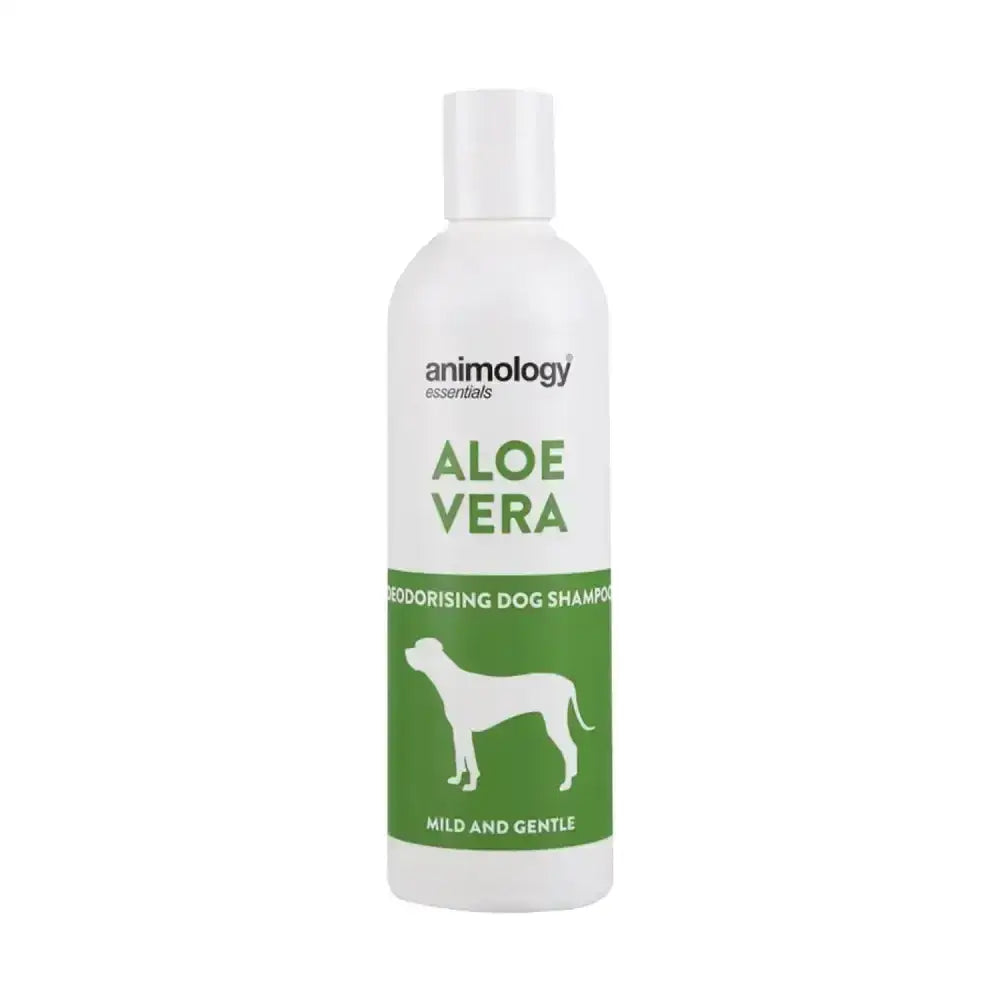 White plastic bottle of animology essentials aloe vera deodorising and conditioning shampoo with green label and dog silhouette