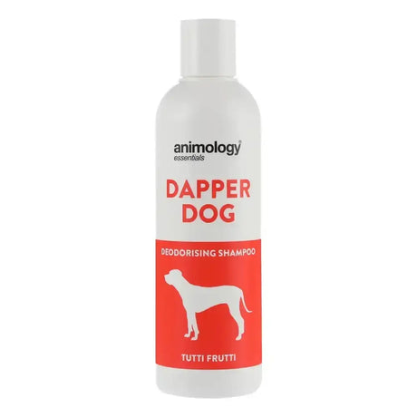 White plastic bottle of animology essentials dapper dog tutti frutti shampoo with red label and white dog silhouette