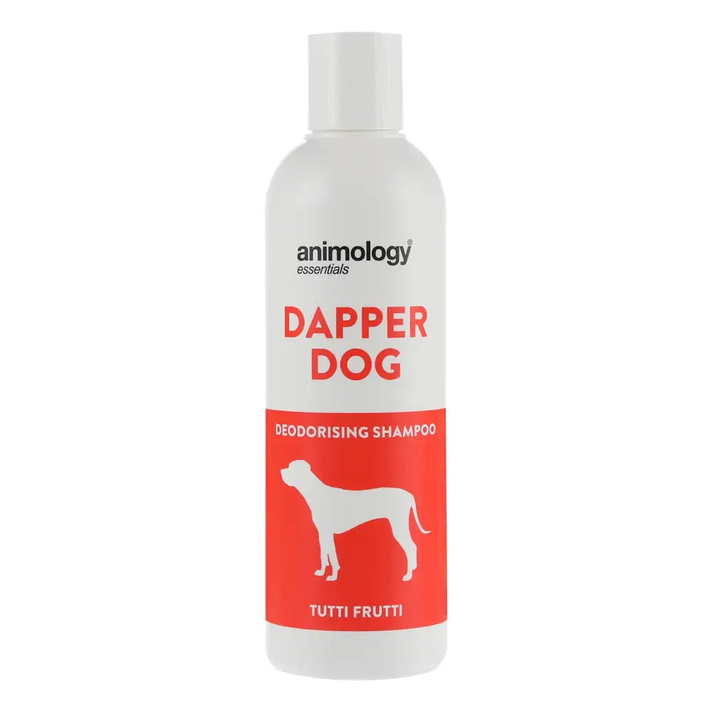 White bottle of Animology Essentials Dapper Dog Tutti Frutti Shampoo with red text