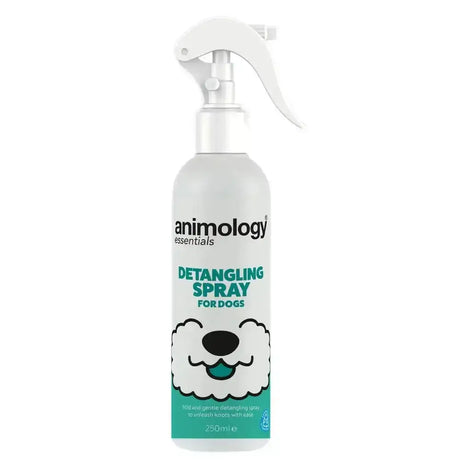 White plastic spray bottle with white trigger labeled animology essentials detangling spray for dogs with cartoon dog face