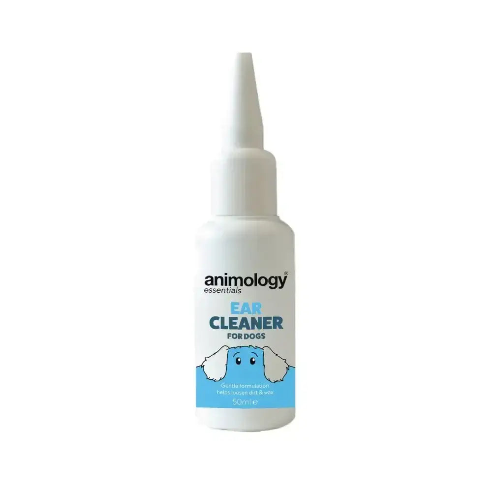 White plastic bottle of animology essentials ear cleaner for dogs with blue label and dropper tip for easy use