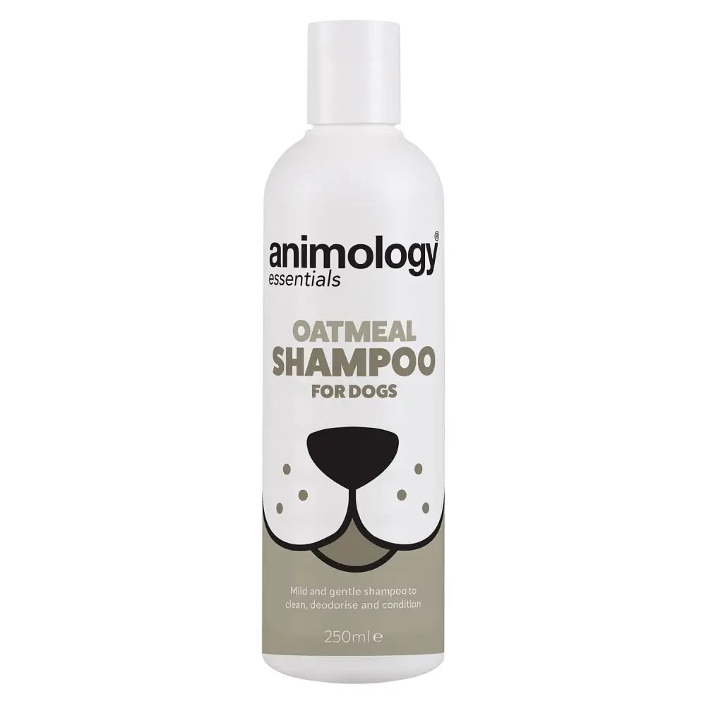 White bottle of Animology Essentials Oatmeal Shampoo for dogs with soothing ingredients