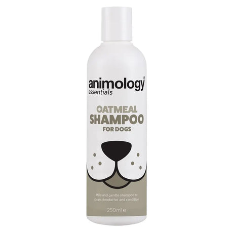 White bottle of Animology Essentials Oatmeal Shampoo for dogs with soothing ingredients