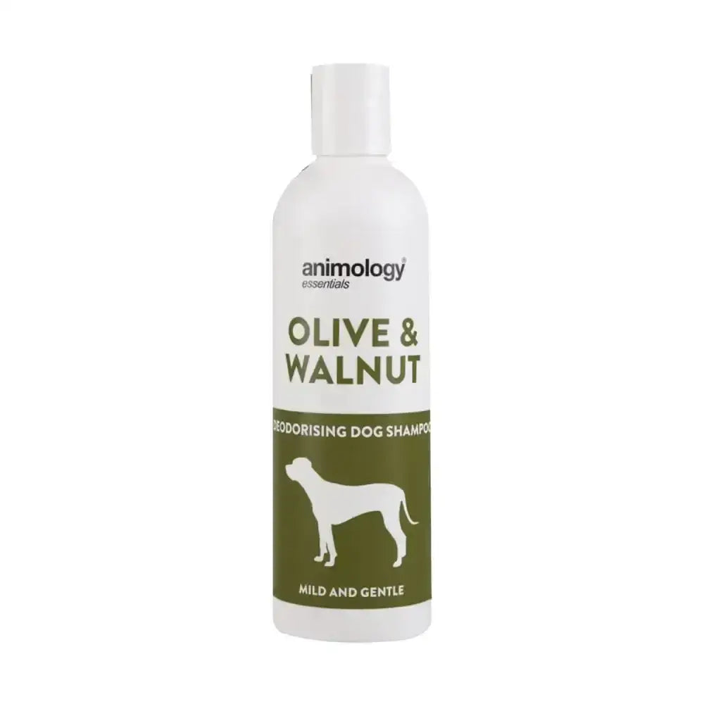 White plastic bottle of animology essentials olive & walnut deodorising & conditioning dog shampoo with green label and dog silhouette