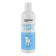 White plastic bottle of animology essentials perfect puppy deodorising and conditioning shampoo with blue label and puppy silhouette
