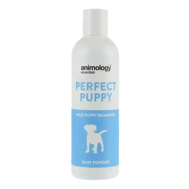 White plastic bottle of animology essentials perfect puppy deodorising and conditioning shampoo with blue label and puppy silhouette