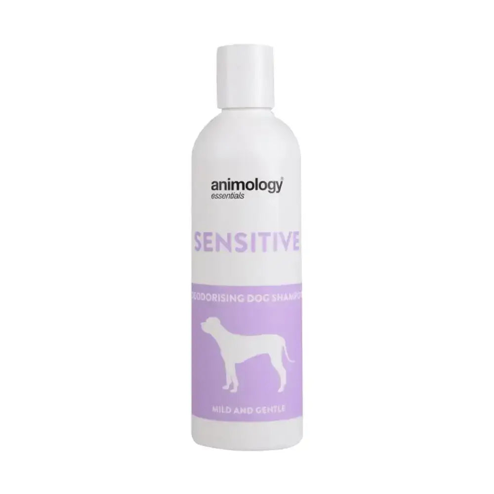 White plastic bottle of animology essentials sensitive shampoo with lavender label and white dog silhouette for deodorising and conditioning