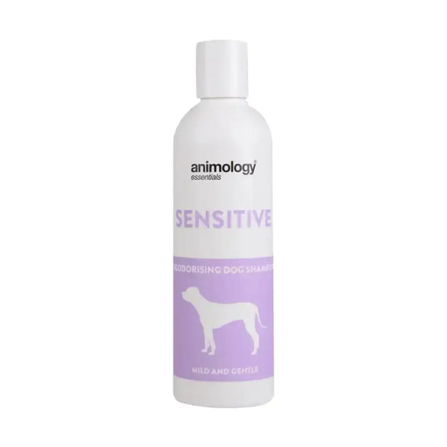 White plastic bottle of animology essentials sensitive shampoo with lavender label and white dog silhouette for deodorising and conditioning