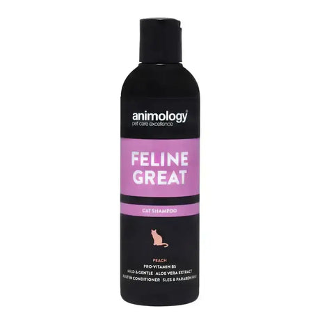 Black plastic bottle of animology feline great cat shampoo with pink label and black cap for cat’s coat clean