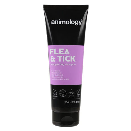 Black Animology Flea & Tick Shampoo tube with purple label for effective pest control