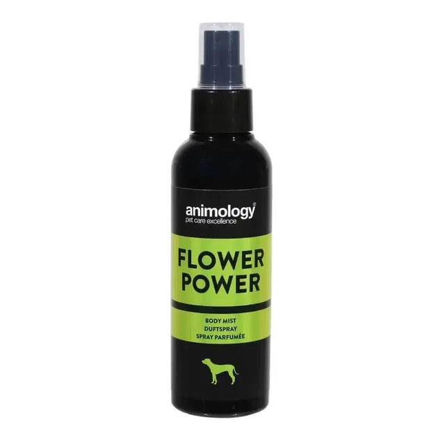 Black plastic animology flower power spray bottle with lime green label and clear nozzle featuring long lasting notes