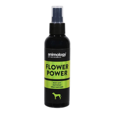 Black spray bottle of Animology Flower Power body mist for dogs, flower power fragrance