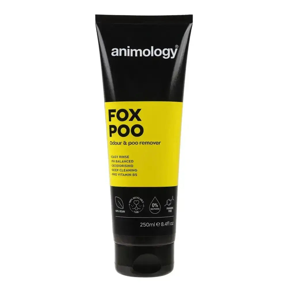 Black and yellow tube of animology fox poo shampoo to remove stubborn fox odour and stains effectively
