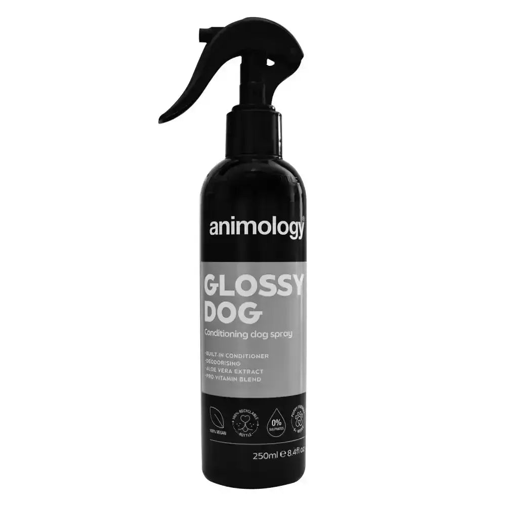 Black matte plastic spray bottle labeled animology glossy dog conditioning dog spray for glossy dog conditioning use