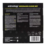 Black animology grooming good set box with yellow text and white icons for faithful friends grooming routine