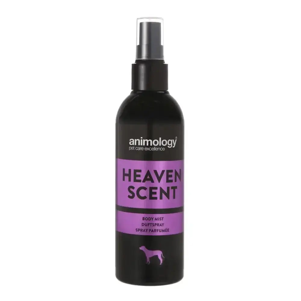 Black plastic spray bottle with purple label and silver nozzle labeled animology heaven scent heaven scent body mist feminine floral perfume