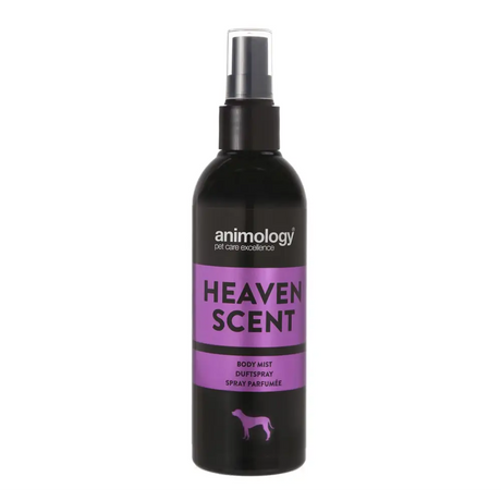 Black Animology Heaven Scent Body Mist spray bottle with purple label for dogs