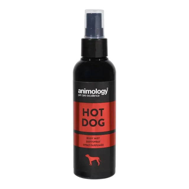 Black plastic spray bottle of animology hot dog fragrance mist with red label designed as dog fragrance mist
