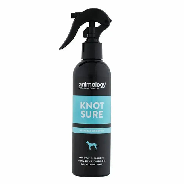 Black animology knot sure detangle spray bottle with teal label and nozzle helps remove knots from dog’s coat