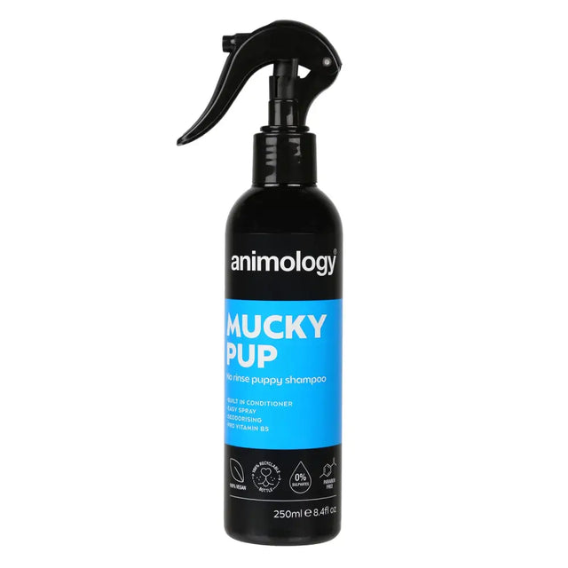 Black spray bottle of Animology Mucky Pup waterless dog shampoo for quick clean-ups