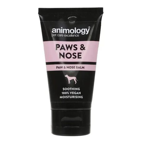 Black tube of animology paws & nose balm with pink label featuring jojoba wax for soothing paws & nose care