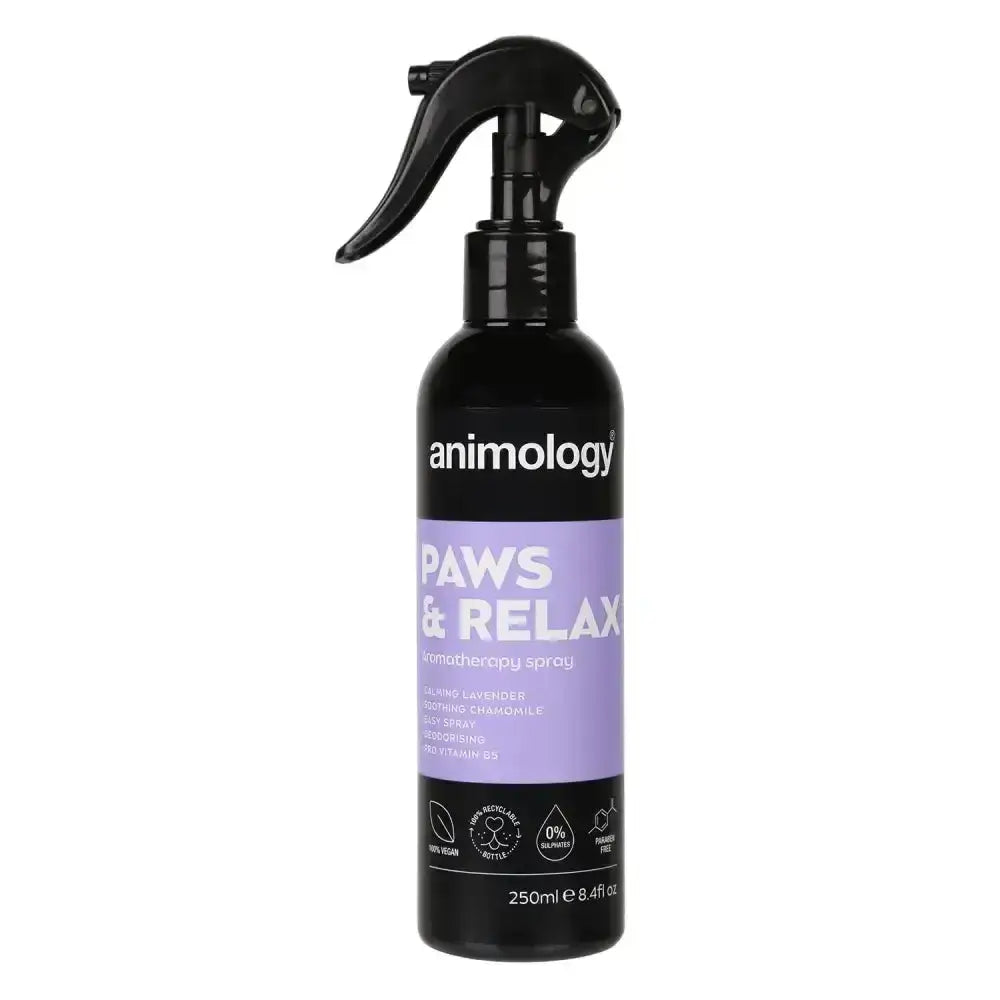 Black plastic spray bottle with purple animology paws label for relax aromatherapy spray and soothing lavender spray