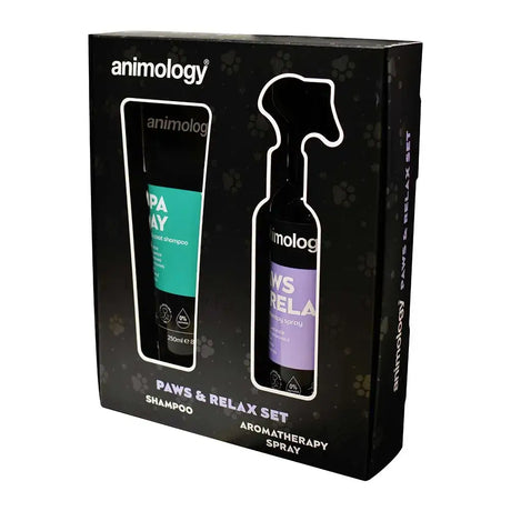 Gift set of Animology Paws & Relax grooming products with shampoo and aromatherapy spray