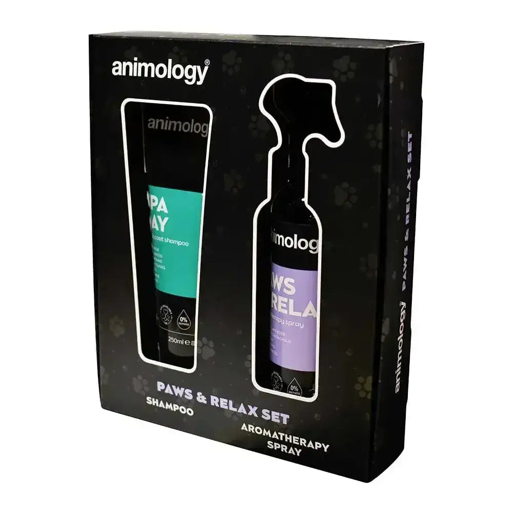 Black cardboard box containing teal black shampoo and purple black aromatherapy spray from animology paws & relax set for feeling calm