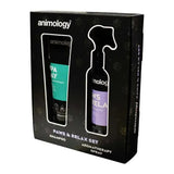 Black cardboard box containing teal black shampoo and purple black aromatherapy spray from animology paws & relax set for feeling calm
