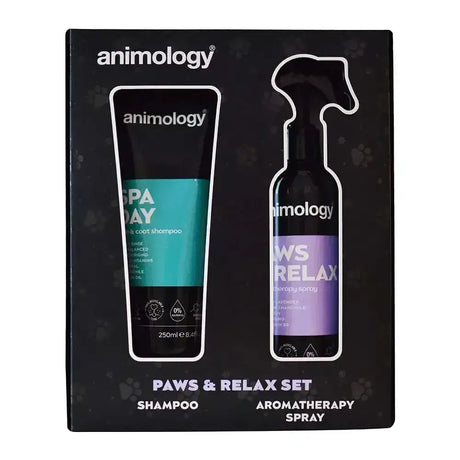 Animology paws & relax set with teal and purple aromatherapy bottles for feeling calm spa day pet care