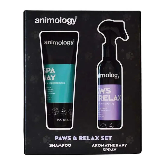 Animology paws & relax set with teal and purple aromatherapy bottles for feeling calm spa day pet care