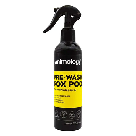 Black spray bottle of Animology Pre-Wash Fox Poo Deodorising Spray for dogs