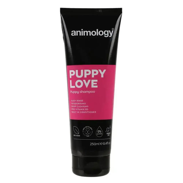 Black tube of animology puppy love puppy love shampoo with vibrant pink label and white text specially formulated for puppies