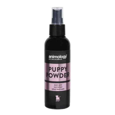 Black plastic animology puppy powder fragrance mist bottle with matte finish and pink black label for long lasting baby powder