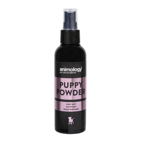 Black Animology Puppy Powder spray bottle with pink accents for freshening puppies