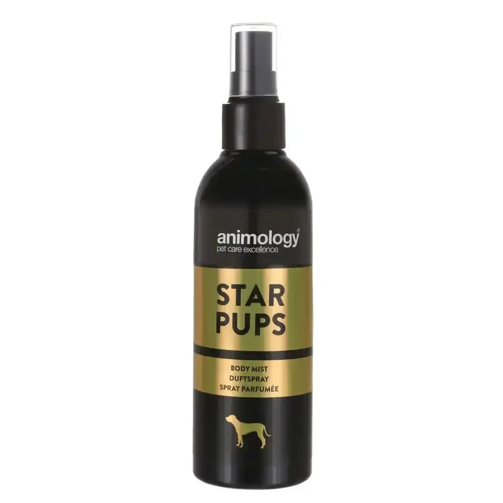 Black spray bottle with gold label and black pump featuring animology star pups gentle fragrance body mist branding