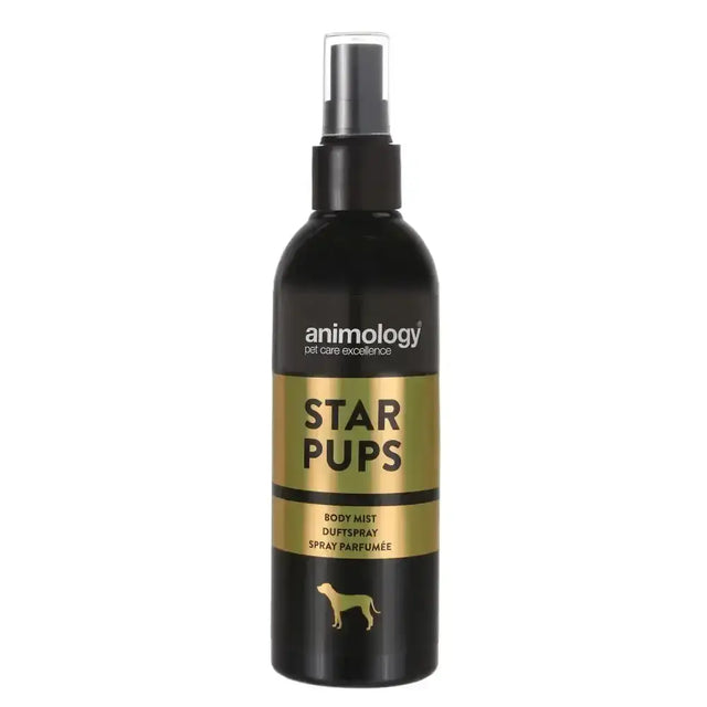 Black spray bottle with gold label and black pump featuring animology star pups gentle fragrance body mist branding