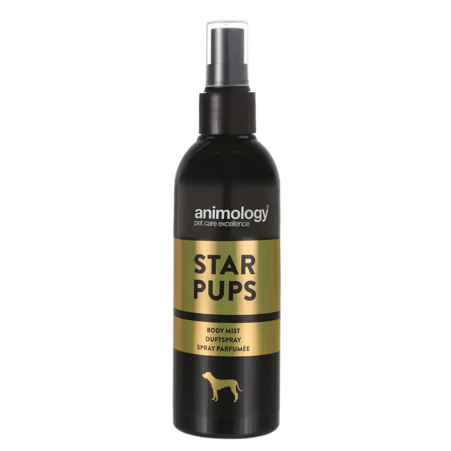 Black Animology Star Pups body mist spray bottle with gold accents