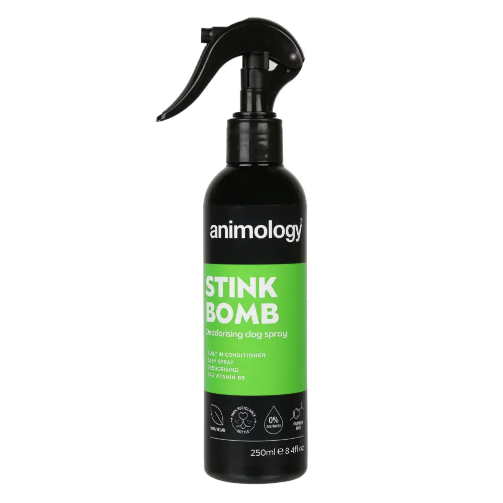 Black plastic animology stink bomb spray with bright green label designed as deodorising bomb spray for dogs