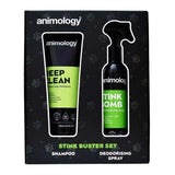 Black and lime green animology stink buster set with sensitive dog deep clean shampoo tube and deodorising spray bottle